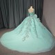Green Floral Princess Quinceanera Dress O-Neck Shiny Bride Robe Ball Gown Floor-length Bridal Dresses vestidos 15 anos
