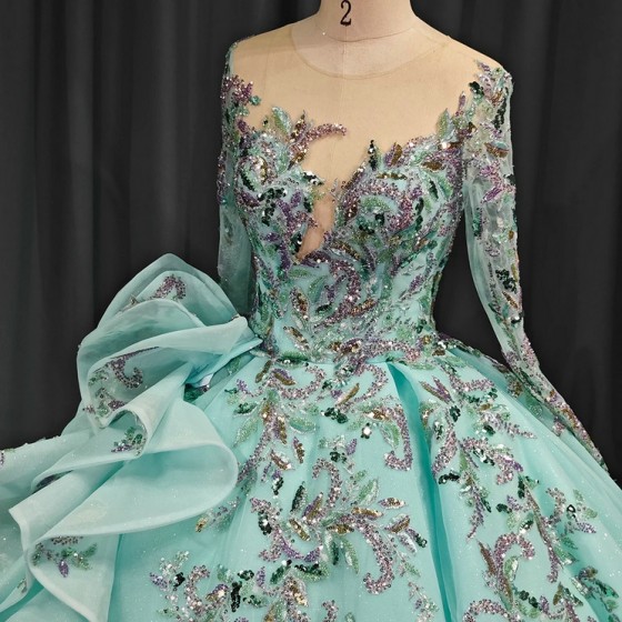 Green Floral Princess Quinceanera Dress O-Neck Shiny Bride Robe Ball Gown Floor-length Bridal Dresses vestidos 15 anos