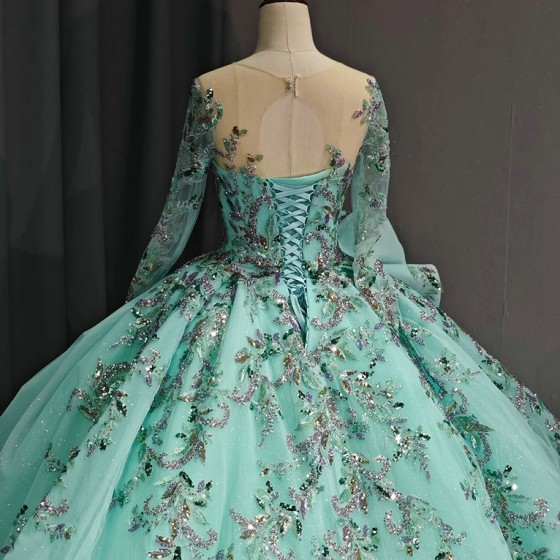 Green Floral Princess Quinceanera Dress O-Neck Shiny Bride Robe Ball Gown Floor-length Bridal Dresses vestidos 15 anos
