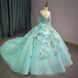 Green Floral Princess Quinceanera Dress O-Neck Shiny Bride Robe Ball Gown Floor-length Bridal Dresses vestidos 15 anos
