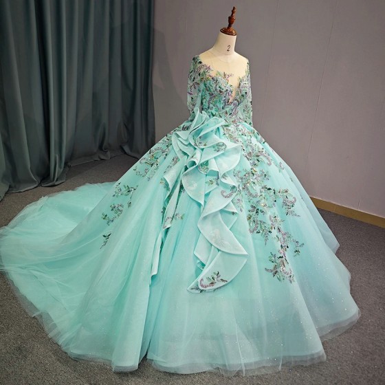 Green Floral Princess Quinceanera Dress O-Neck Shiny Bride Robe Ball Gown Floor-length Bridal Dresses vestidos 15 anos