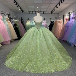 Green Glittering Customized Crystal Quinceanera Dresses Off Shoulder Birthday Party Beaded Ball Gown Vestidos de 15 anos