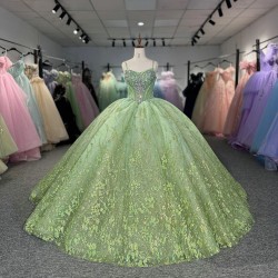 Green Glittering Customized Crystal Quinceanera Dresses Off Shoulder Birthday Party Beaded Ball Gown Vestidos de 15 anos