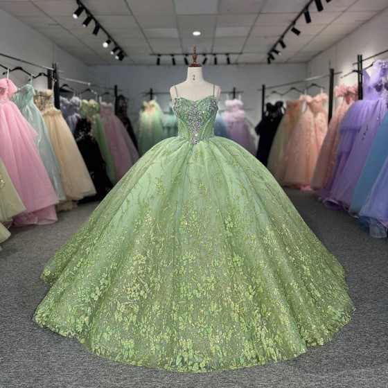 Green Glittering Customized Crystal Quinceanera Dresses Off Shoulder Birthday Party Beaded Ball Gown Vestidos de 15 anos