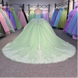 Green O Neck Quinceanera Prom Dresses Beautiful Sleeveless Customized Princess Long Glitter Sweet 16 Dress Vestidos