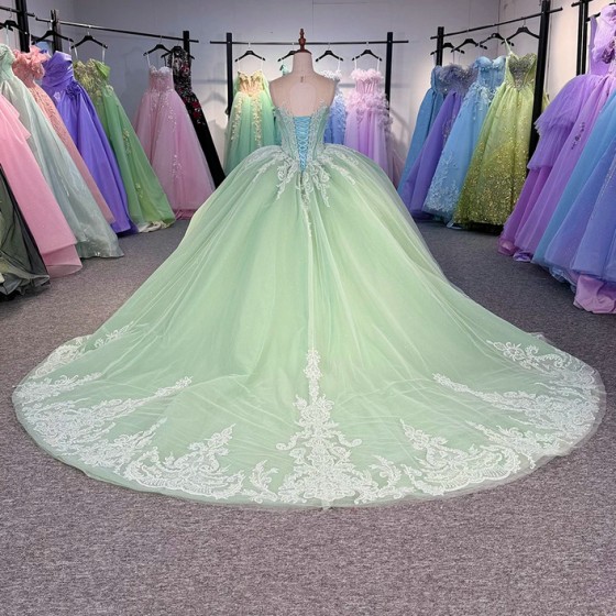 Green O Neck Quinceanera Prom Dresses Beautiful Sleeveless Customized Princess Long Glitter Sweet 16 Dress Vestidos