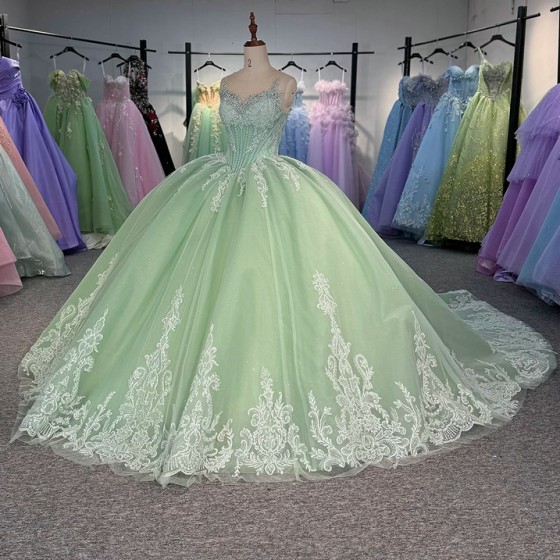 Green O Neck Quinceanera Prom Dresses Beautiful Sleeveless Customized Princess Long Glitter Sweet 16 Dress Vestidos