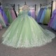 Green O Neck Quinceanera Prom Dresses Beautiful Sleeveless Customized Princess Long Glitter Sweet 16 Dress Vestidos
