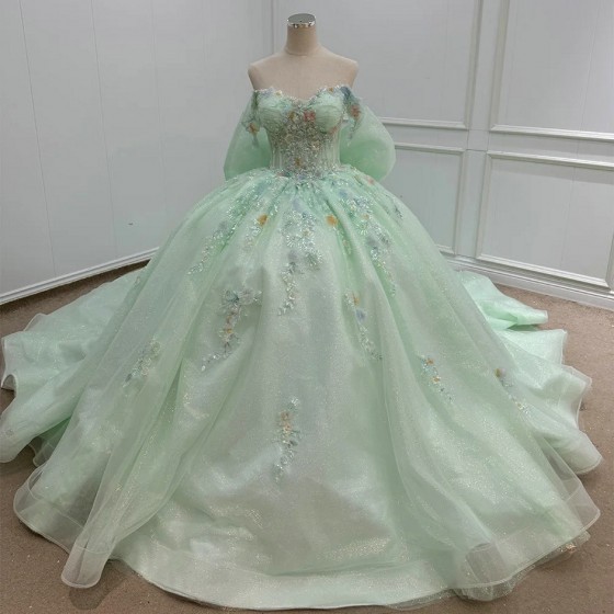 Green Quinceanera Dress Party Beading Ball Gown Bride Robe Scoop Neck Appliques Bridal Dresses vestido de 15 quinceanera