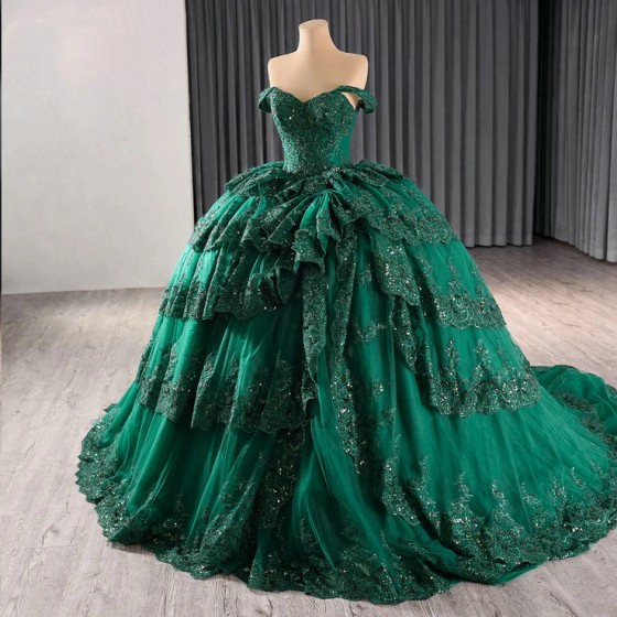 Green Quinceanera Dress Party Lace Beading Ball Gown Bride Robe Scoop Neck Bridal Dresses vestidos de 15 anos quinceaneras