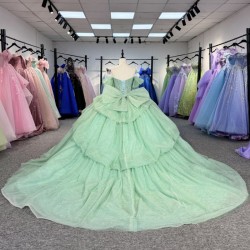 Green Scoop Neck Quinceanera Prom Dresses Beautiful Beaded Customized Princess Long Glitter Sweet 16 Dress Vestidos