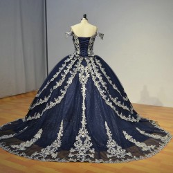 Jancember Blue 2024 Quinceanera Dresses Embroidery Lace V-neck Sequins Short Sleeves Ball Gowns vestido 15 anos quinceanera