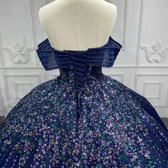 Luxury Bule Ball Gown Quinceanera Dresses Shiny Sequins Bridal Gown Party Floor-length Bride Dresses vestido de 15 quinceanera