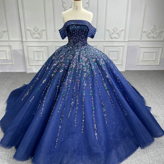 Luxury Bule Ball Gown Quinceanera Dresses Shiny Sequins Bridal Gown Party Floor-length Bride Dresses vestido de 15 quinceanera
