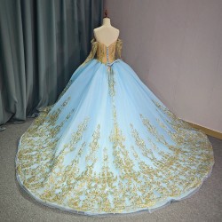 Luxury Bule Shiny Ball Gown Quinceanera Dresses Beading Organza Bridal Gown Party Bride Dresses vestidos de quinceanera