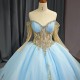 Luxury Bule Shiny Ball Gown Quinceanera Dresses Beading Organza Bridal Gown Party Bride Dresses vestidos de quinceanera