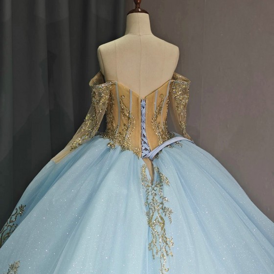 Luxury Bule Shiny Ball Gown Quinceanera Dresses Beading Organza Bridal Gown Party Bride Dresses vestidos de quinceanera