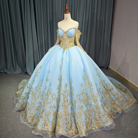Luxury Bule Shiny Ball Gown Quinceanera Dresses Beading Organza Bridal Gown Party Bride Dresses vestidos de quinceanera