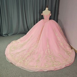 Luxury Pink Quinceanera Dresses 2024 Off Shouder Beads Ball Gown Sweet16 Dress Lace-Up Organza vestidos de 15 quinceanera