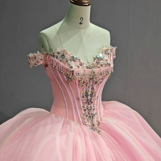 Luxury Pink Quinceanera Dresses 2024 Off Shouder Beads Ball Gown Sweet16 Dress Lace-Up Organza vestidos de 15 quinceanera