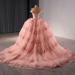 Pink Ball Gown Women Quinceanera Dresses Scoop Tulle Off Shoulder Prom Birthday Party Gowns Formal vestidos de 15 quinceanera