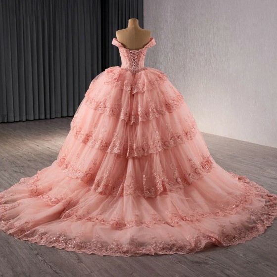 Pink Ball Gown Women Quinceanera Dresses Scoop Tulle Off Shoulder Prom Birthday Party Gowns Formal vestidos de 15 quinceanera