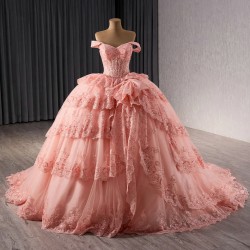 Pink Ball Gown Women Quinceanera Dresses Scoop Tulle Off Shoulder Prom Birthday Party Gowns Formal vestidos de 15 quinceanera