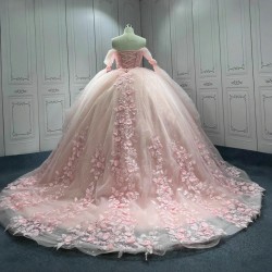 Pink Lace Applique Off The Shoulder Customized Quinceanera Dresses Ball Gown Birthday Lace Up Sweet 15 16 Dress