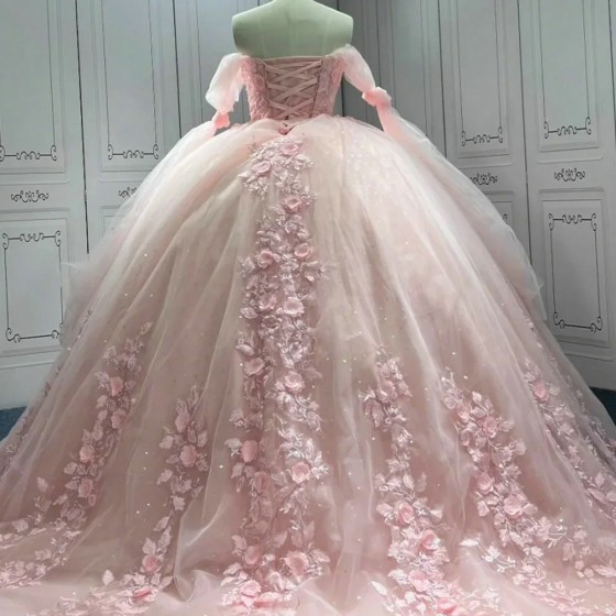 Pink Lace Applique Off The Shoulder Customized Quinceanera Dresses Ball Gown Birthday Lace Up Sweet 15 16 Dress