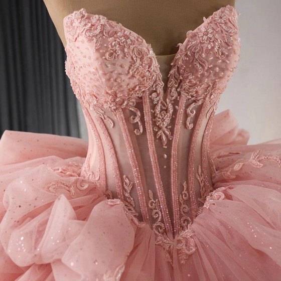 Pink Princess Sweet 16 Quinceanera Dresses Beaded Crystals Detachable Sleeves Pearls Vestido De 15 Anos Custom Ball Gown