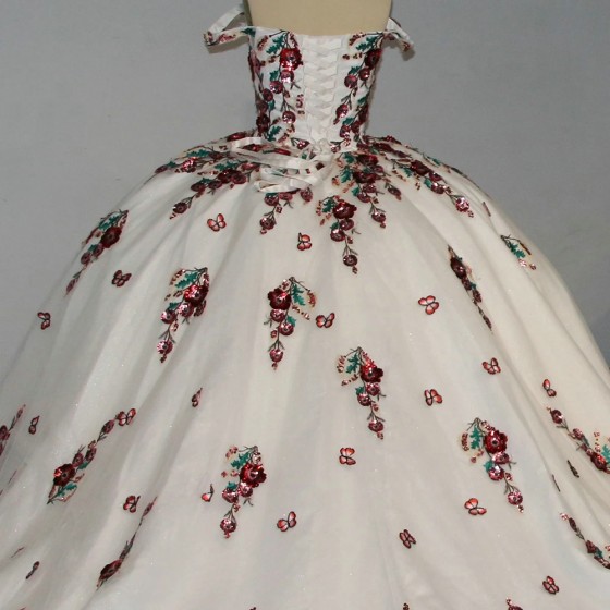 Popular Fashion Shiny White Summer V-neck Ball Gowns Quinceanera Dresses for Girls Off The Shoulder Sweet 16 Vestidos De