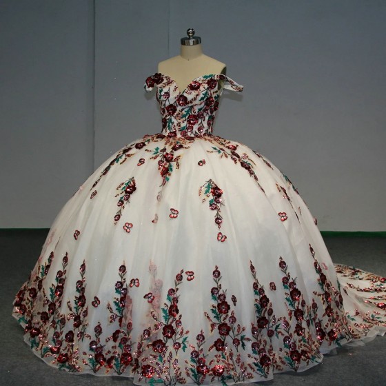 Popular Fashion Shiny White Summer V-neck Ball Gowns Quinceanera Dresses for Girls Off The Shoulder Sweet 16 Vestidos De