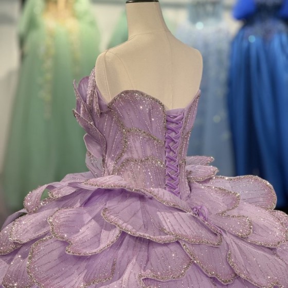 Purple Glitter Ball Gown Princess Quinceanera Dress Ruffle Sequin Appliques Custom Beaded Sweet 16 Dress Vestidos De 15 Años