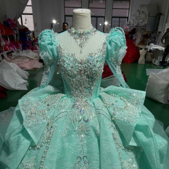 Romantic High Neck Green Shiny Quinceanera Dress Party Gown Customized Lace Ball Gown Beads Crystal Long Sleeves For 16 Year
