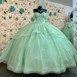 2024 Sage Green Shiny Quinceanera Dresses Off The Shoulder Beads Crystal Graduation Party Sequin Designer Evening Party Gown