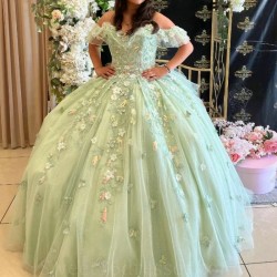 Beadeds Sage Green Shiny Ball Gown Quinceanera Dress Applique Lace Bow Sweet 16 Dress Birthday Party Dress Vestidos De 15 Anos