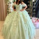 Beadeds Sage Green Shiny Ball Gown Quinceanera Dress Applique Lace Bow Sweet 16 Dress Birthday Party Dress Vestidos De 15 Anos
