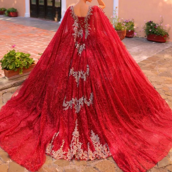 Luxury Red With Cape Quinceanera Dresses Ball Gown Appliques Lace Beaded Off Shoulder Sweet 16 Dress Lace-up Vestidos 15 De