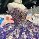 Mexican Purple Shiny Quinceanera Dresses 3D Floral Applique Birthday Princess Formal Sweet 15 16 Ball Gowns Vestidos XV Anos