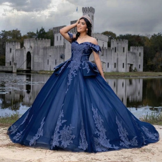 Off Shoulder Navy Blue Princess Quinceanera Dress Lace Applique Beading Tull Sweet 16 Birthday Party Gown Vestidos De 15 Anos