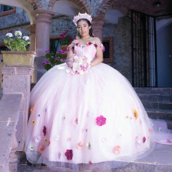 Off The Shoulder Light Pink Ball Gown Quinceanera Dresses Colorful Floral Appliques Lace Tull Corset Vestidos De 15 Anos
