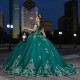 Off the Shoulder Emerald Green Ball Gown Quinceanera Dresses Floral Appliques Lace Beads Corset Vestidos De 15 Anos