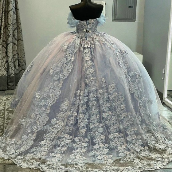 Princess Sky Blue Quinceanera Dresses Ball Gowns Applique Lace Long Train Lace Up Vestidos De 15 Anos Birthday Party Gowns